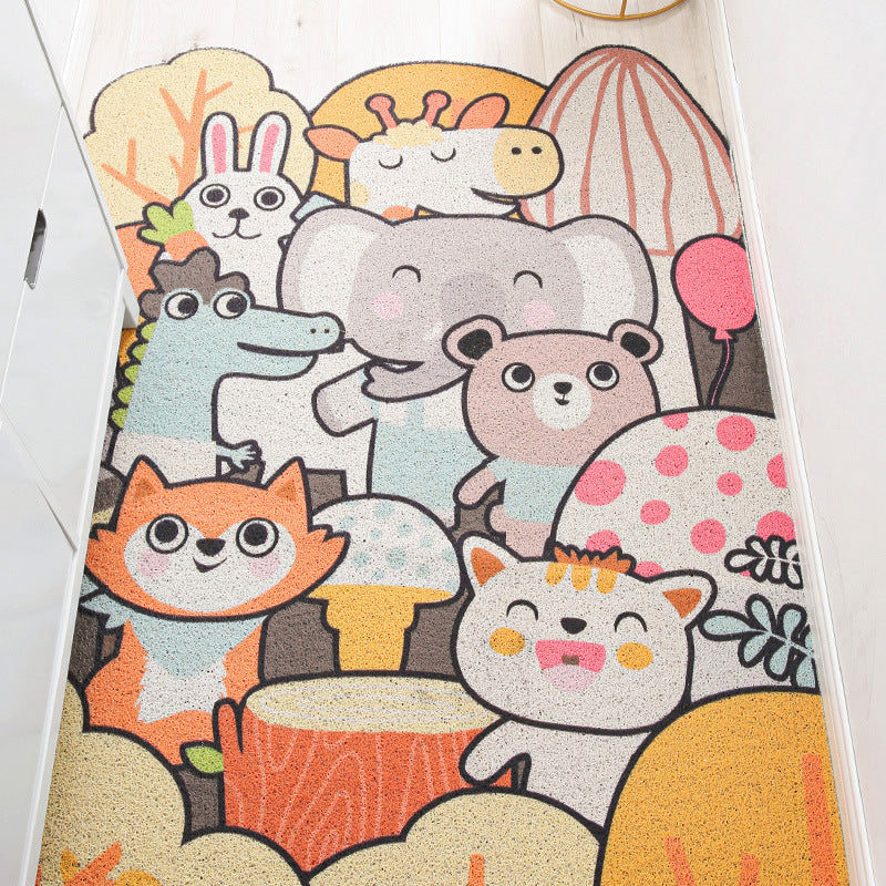 Skorter | Children Irregular Kids Room Rug in Yellow and Gray Animal Cat Rabbit Penguin Print Rug Polyester Non-slip Area Rug