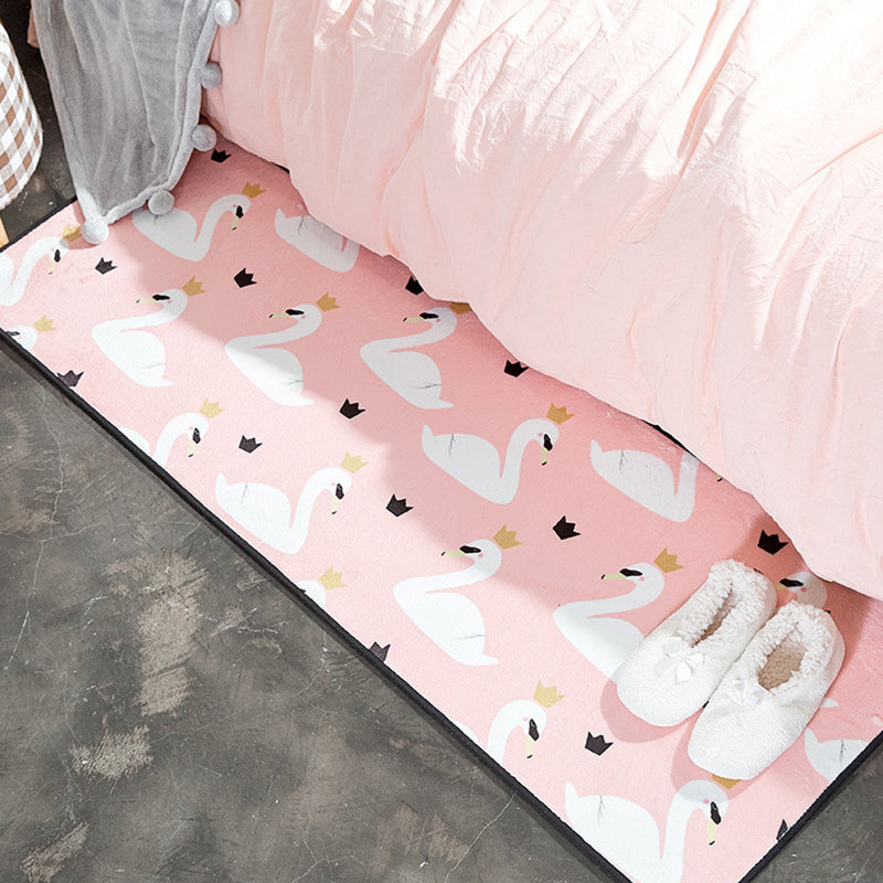 Skorter | Casual Kids Carpet in Pink Animal Swan Crown Pattern Carpet Polyester Non-Slip Rug for Children's Room