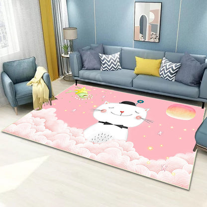 Skorter | Casual Kids Rug in Pink Animal Cat Cloud Pattern Rug Polyester Non-Slip Back Washable Rug for the Kids Room