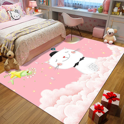 Skorter | Casual Kids Rug in Pink Animal Cat Cloud Pattern Rug Polyester Non-Slip Back Washable Rug for the Kids Room