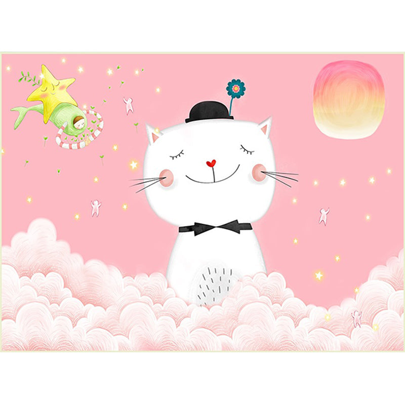 Skorter | Casual Kids Rug in Pink Animal Cat Cloud Pattern Rug Polyester Non-Slip Back Washable Rug for the Kids Room