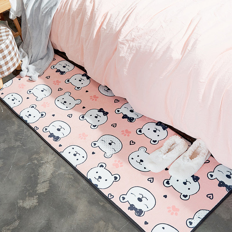 Skorter | Children's Room Rug in White and Pink Animal Bear Rabbit Swan Print Rug Polyester Stain-Resistant Area Rug