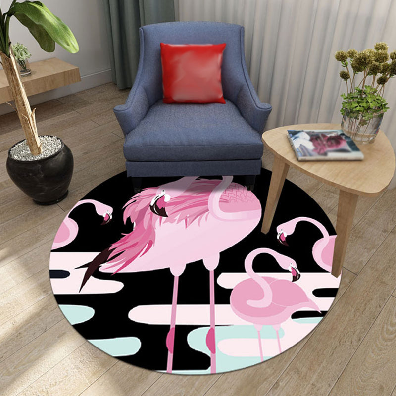 Skorter | Black and Pink Children's Rug Animal Lion Rabbit Flamingo Pattern Carpet Polyester Stain-Resistant Rug
