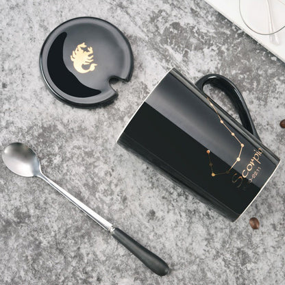 skorter | 12 constellations black ceramic mug with lid spoon