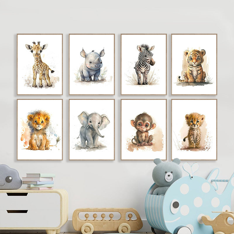Skorter | 8 pcs Canvas Poster, Modern Art, Cute Elephant Lion Giraffe Tiger Zebra, Children's Room Wall Decor, Animal Posters, Ideal Gift for Bedroom, Wall Decor, No Frame
