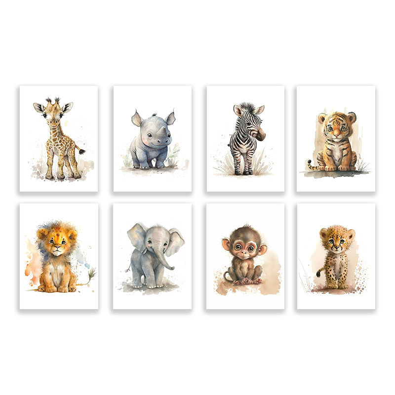 Skorter | 8 pcs Canvas Poster, Modern Art, Cute Elephant Lion Giraffe Tiger Zebra, Children's Room Wall Decor, Animal Posters, Ideal Gift for Bedroom, Wall Decor, No Frame