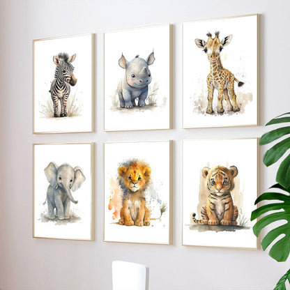 Skorter | 8 pcs Canvas Poster, Modern Art, Cute Elephant Lion Giraffe Tiger Zebra, Children's Room Wall Decor, Animal Posters, Ideal Gift for Bedroom, Wall Decor, No Frame