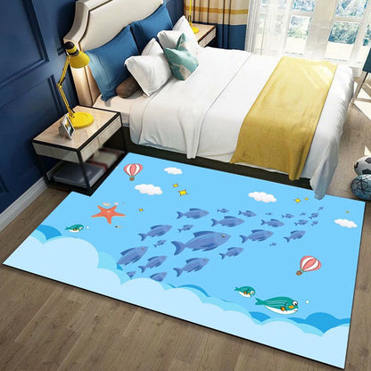 Skorter | Beautiful Children's Rug in Blue and Pink with Fairy Tale Castle Balloon Pattern Rug Polyester Washable Rug for the Children's Room