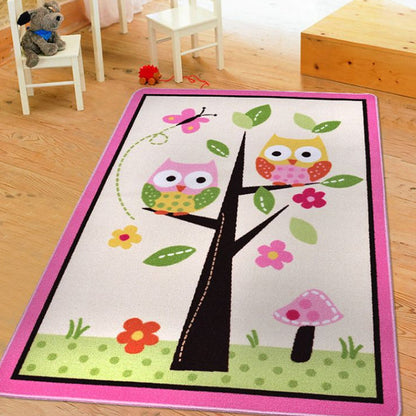 Skorter | Children Children's Room Rug in Pink and Green Animal Owl Flower Tree Print Rug Polyester Stain Resistant Area Rug