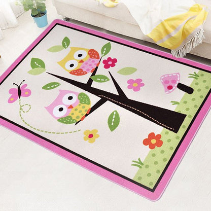Skorter | Children Children's Room Rug in Pink and Green Animal Owl Flower Tree Print Rug Polyester Stain Resistant Area Rug