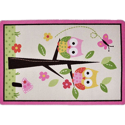 Skorter | Children Children's Room Rug in Pink and Green Animal Owl Flower Tree Print Rug Polyester Stain Resistant Area Rug