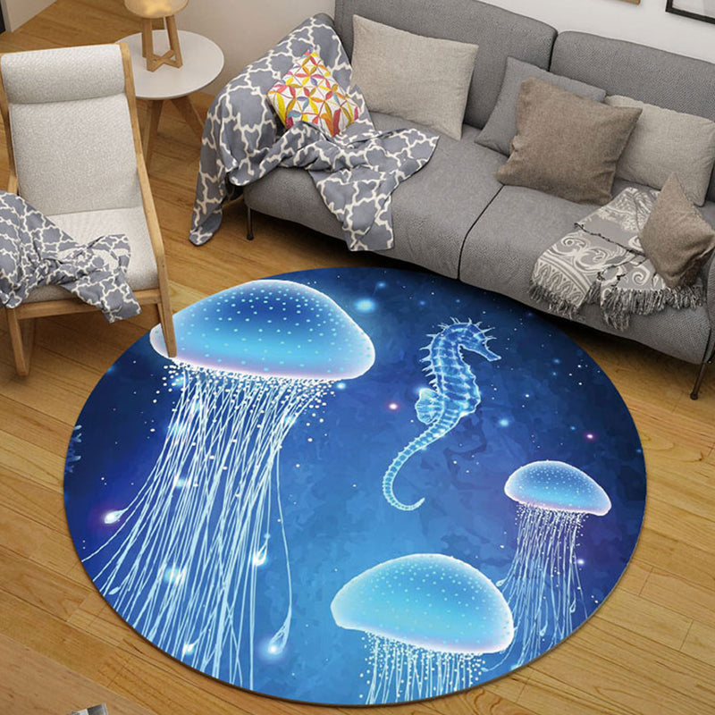 Skorter | Children's room rug in black and blue animal pig rabbit jellyfish print rug polyester stain-resistant rug