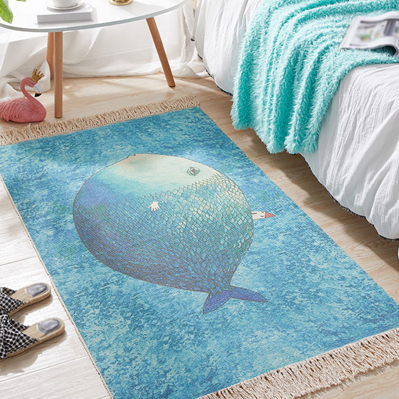 Skorter | Blue Children's Room Carpet Children's Animal Fish Pattern Carpet made of Cotton and Linen Washable Carpet with Fringes