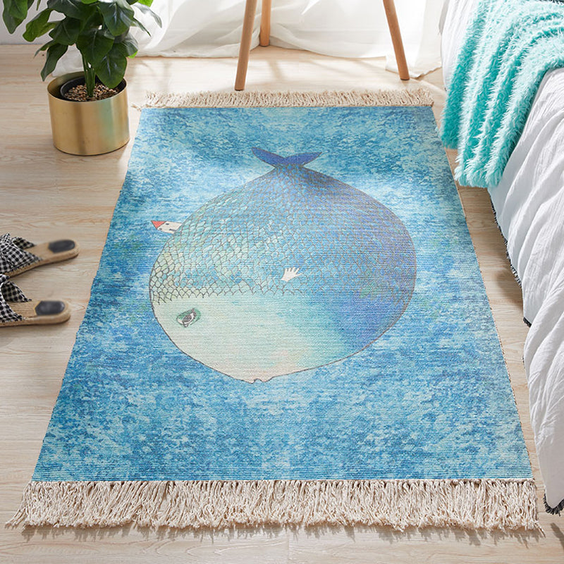 Skorter | Blue Children's Room Carpet Children's Animal Fish Pattern Carpet made of Cotton and Linen Washable Carpet with Fringes