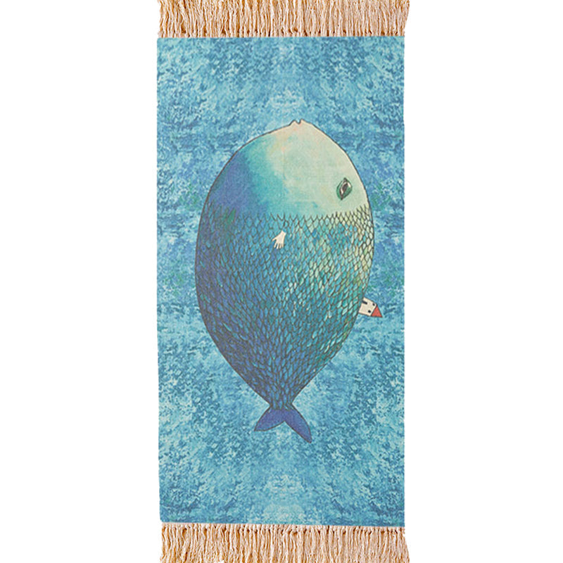 Skorter | Blue Children's Room Carpet Children's Animal Fish Pattern Carpet made of Cotton and Linen Washable Carpet with Fringes