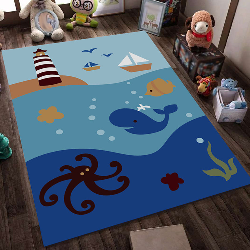Skorter | Blue and Black Children's Carpet Fairy Tale Whale Ocean Pencil Pattern Carpet Polyester Washable Carpet
