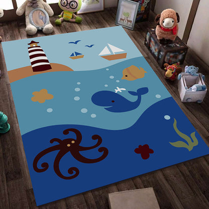 Skorter | Blue and Black Children's Carpet Fairy Tale Whale Ocean Pencil Pattern Carpet Polyester Washable Carpet
