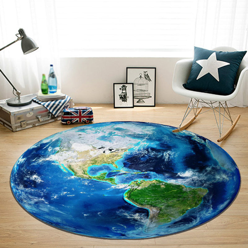 Skorter | Blue rug for the children's room space planet galaxy airplane pattern area rug polyester non-slip rug