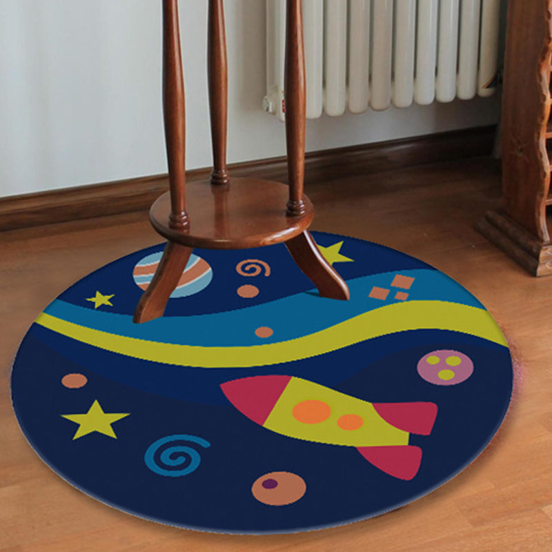 Skorter | Blue rug for the children's room space planet galaxy airplane pattern area rug polyester non-slip rug