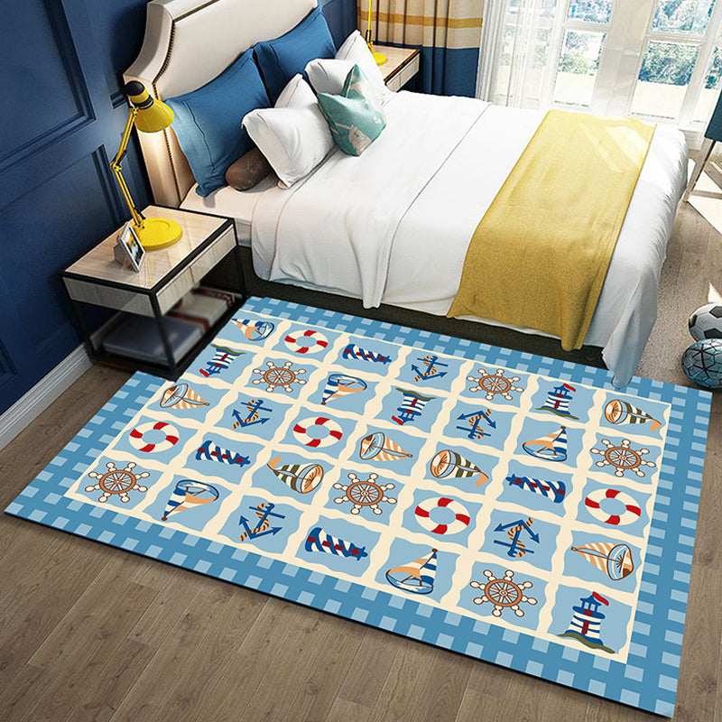 Skorter | Blue Children's Room Carpet Coastal Anchor Rowing Pattern Carpet Polyester Non-Slip Back Carpet