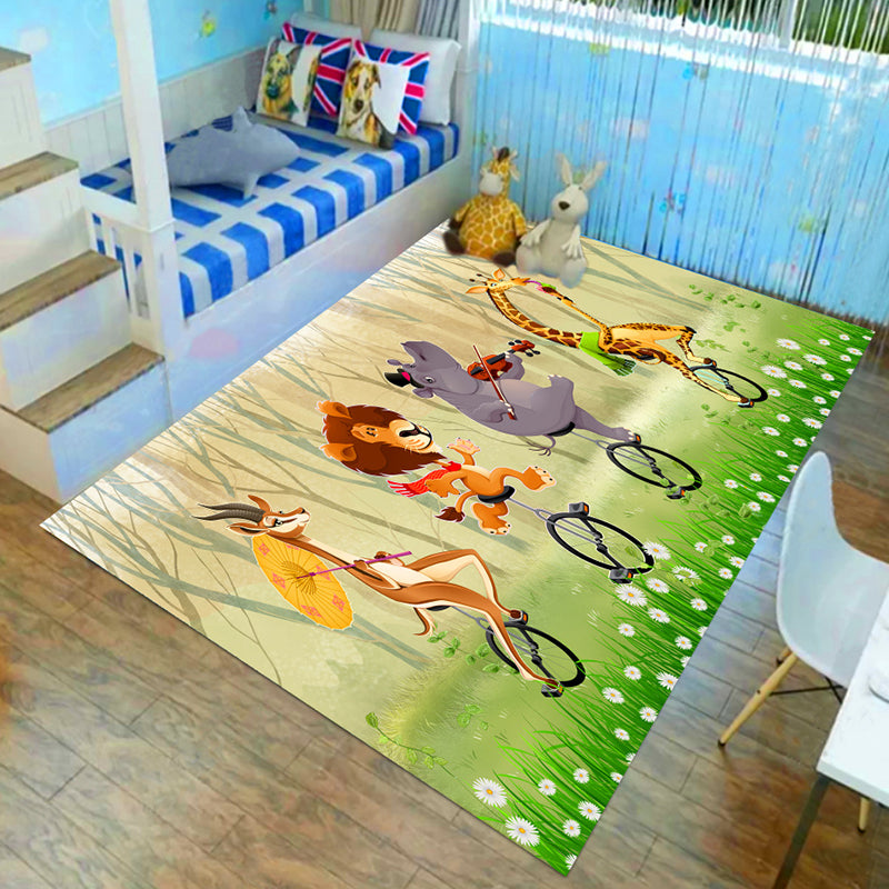 Skorter | Children’s children's room carpet in brown and green animal lion elephant deer print carpet polyester non-slip carpet