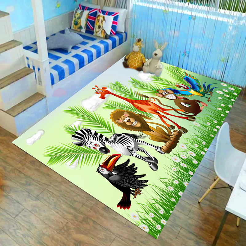 Skorter | Children’s children's room carpet in brown and green animal lion elephant deer print carpet polyester non-slip carpet