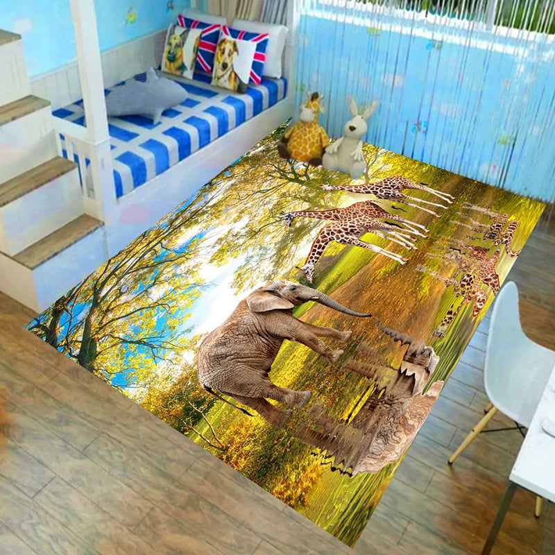 Skorter | Children’s children's room carpet in brown and green animal lion elephant deer print carpet polyester non-slip carpet