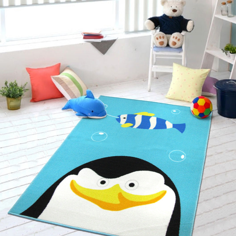 Skorter | Cute Kids Rug in Green and Blue Animals Lion Panda Penguin Pattern Rug Polyester Non-Slip Carpet for Children's Room