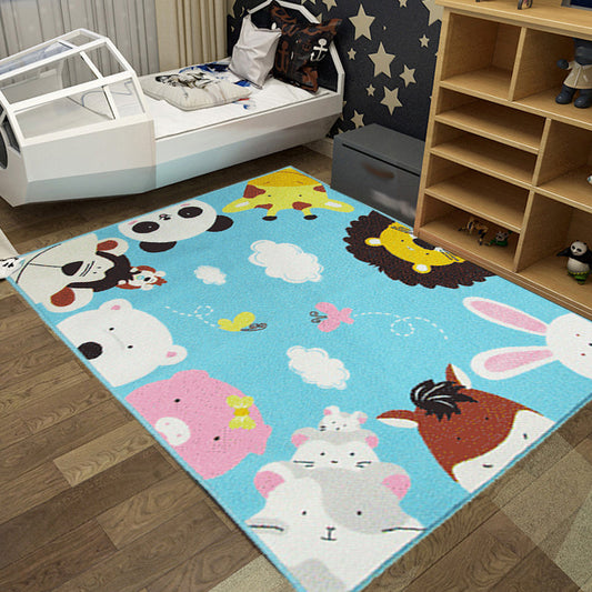 Skorter | Cute Kids Rug in Green and Blue Animals Lion Panda Penguin Pattern Rug Polyester Non-Slip Carpet for Children's Room