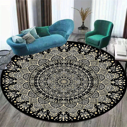 Skorter | Black Golden Mandala Round Mat – Non-slip, Washable Rug for Bedroom, Living Room, Office, Machine Washable Carpet