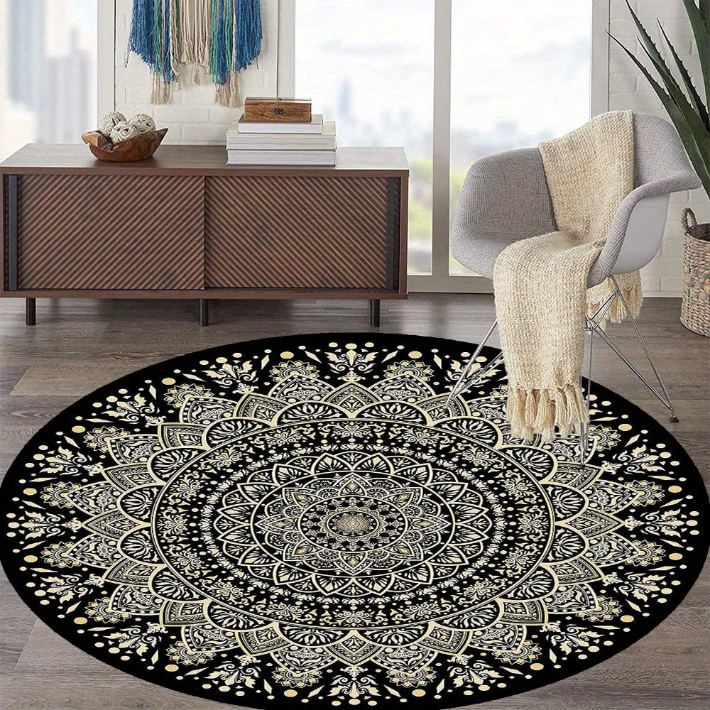 Skorter | Black Golden Mandala Round Mat – Non-slip, Washable Rug for Bedroom, Living Room, Office, Machine Washable Carpet