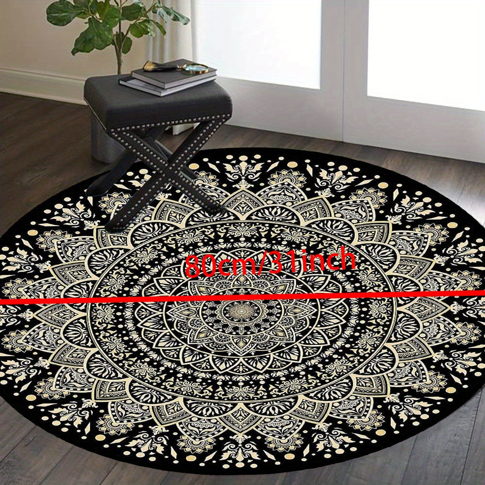 Skorter | Black Golden Mandala Round Mat – Non-slip, Washable Rug for Bedroom, Living Room, Office, Machine Washable Carpet