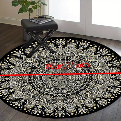 Skorter | Black Golden Mandala Round Mat – Non-slip, Washable Rug for Bedroom, Living Room, Office, Machine Washable Carpet