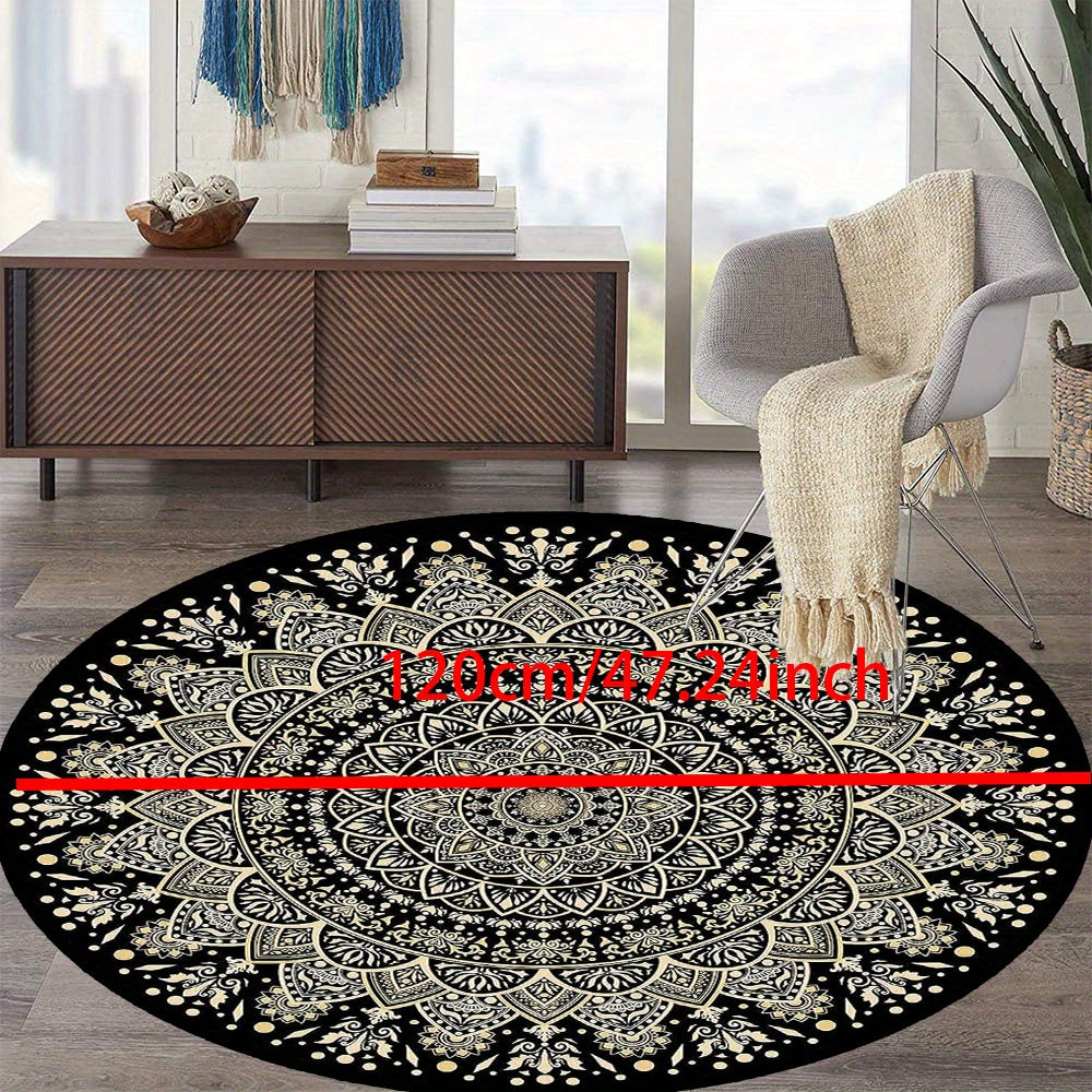 Skorter | Black Golden Mandala Round Mat – Non-slip, Washable Rug for Bedroom, Living Room, Office, Machine Washable Carpet