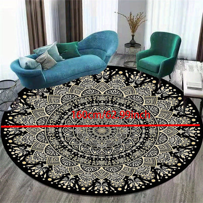 Skorter | Black Golden Mandala Round Mat – Non-slip, Washable Rug for Bedroom, Living Room, Office, Machine Washable Carpet