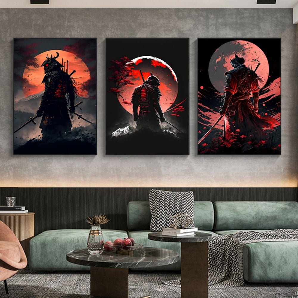 Skorter | 3-piece Samurai Canvas Paintings Set - Cherry Blossom Sunset