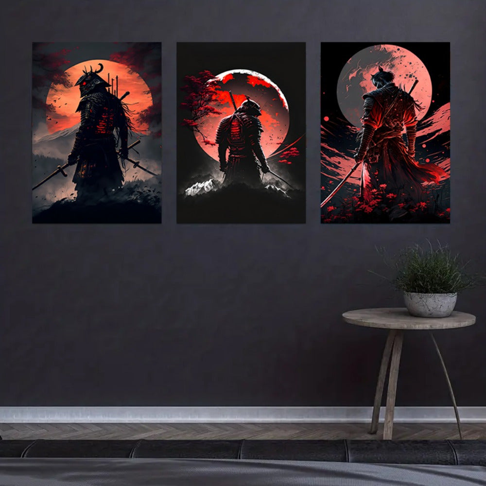 Skorter | 3-piece Samurai Canvas Paintings Set - Cherry Blossom Sunset