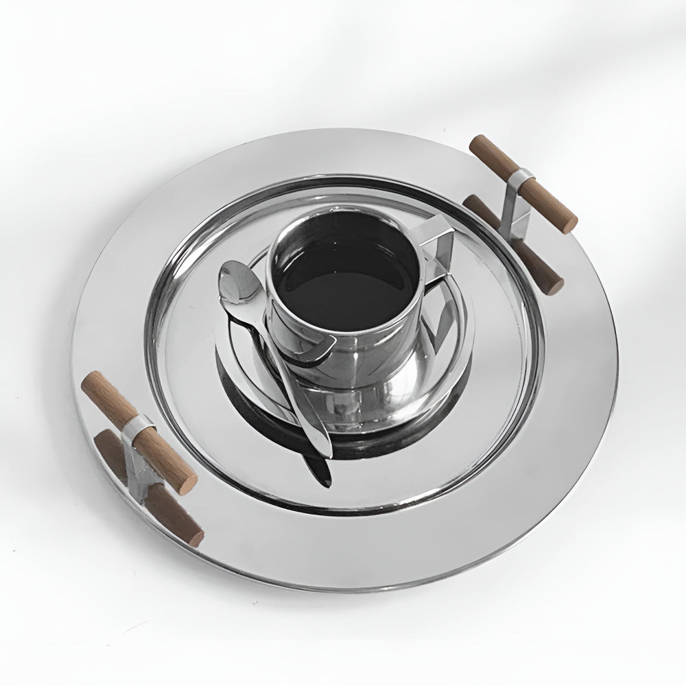 Skorter | Elegant Stainless Steel Round Tray with Wooden Handles
