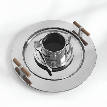Skorter | Elegant Stainless Steel Round Tray with Wooden Handles