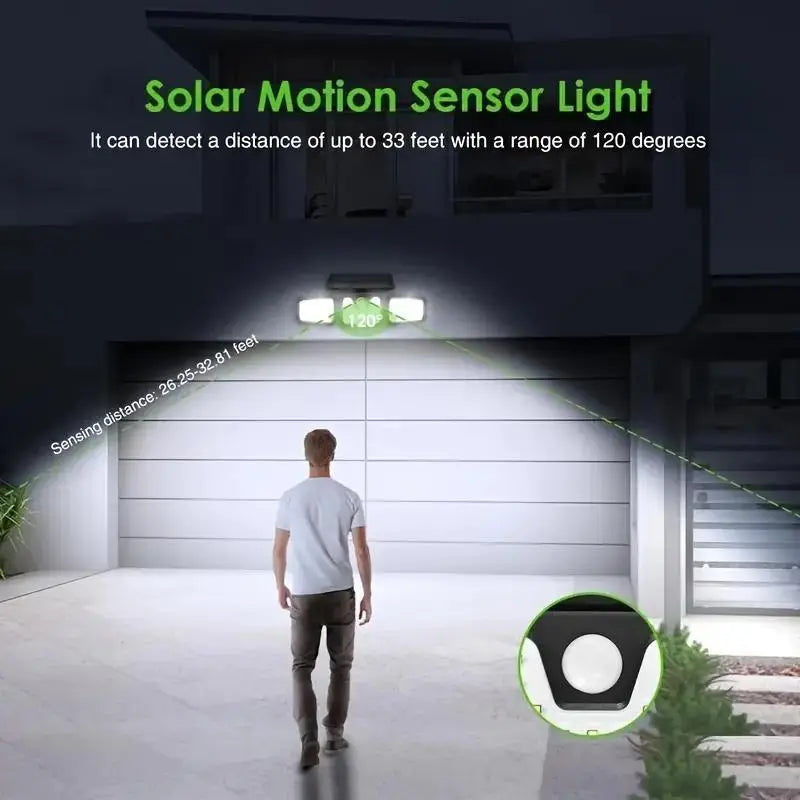 Skorter | Solar LED floodlight with motion sensor – 3-beam outdoor lighting for garden, yard, and garage
