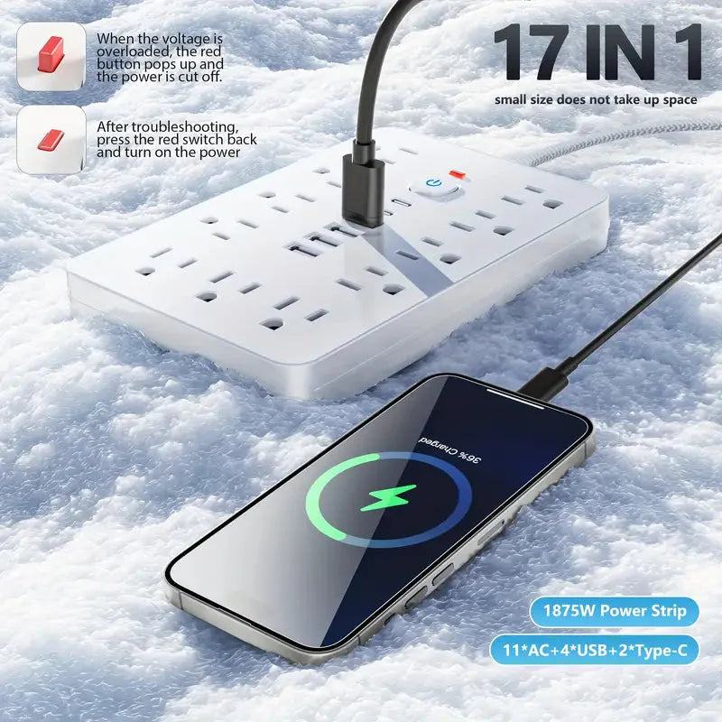 Skorter | 17-in-1 Surge Protector Power Cable 5Ft Braided Flat Extension Cable with 6 USB Chargers, 2 USB C, 11 AC Power Outlets