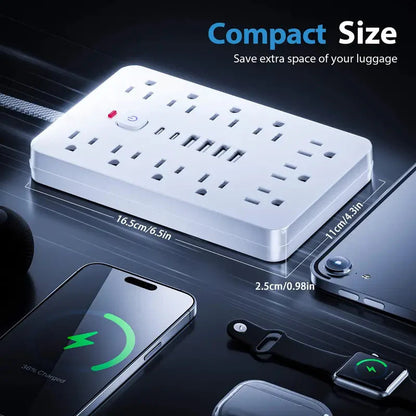 Skorter | 17-in-1 Surge Protector Power Cable 5Ft Braided Flat Extension Cable with 6 USB Chargers, 2 USB C, 11 AC Power Outlets