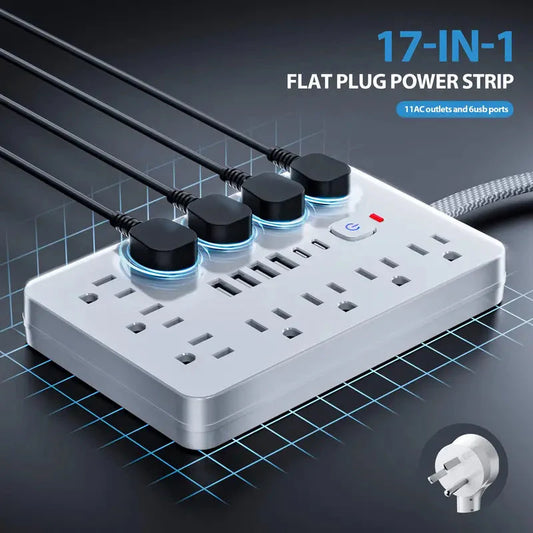 Skorter | 17-in-1 Surge Protector Power Cable 5Ft Braided Flat Extension Cable with 6 USB Chargers, 2 USB C, 11 AC Power Outlets