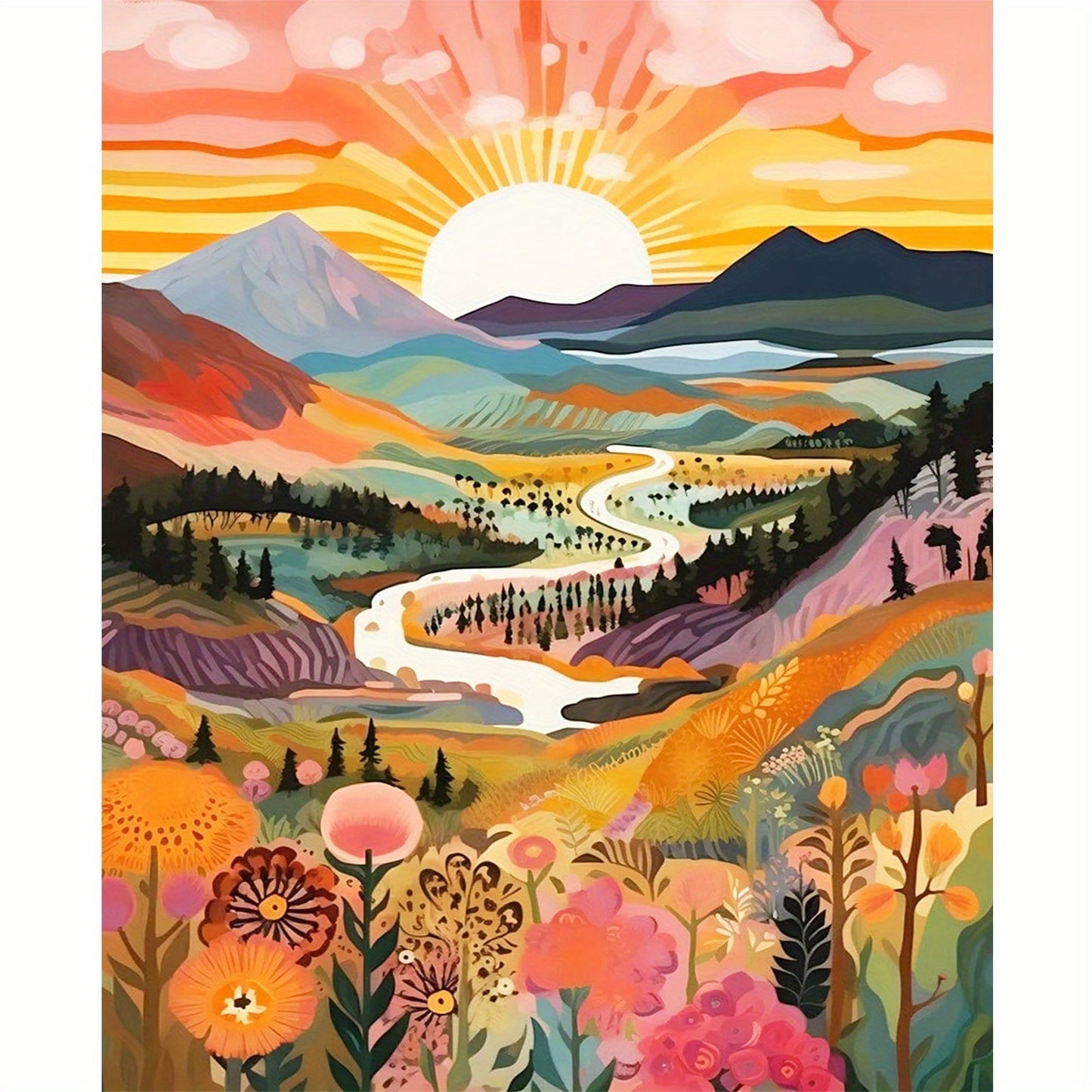 Skorter | 1pc Sunset Mountain Landscape Paint by Numbers for Adults - Without Frame, 40x50CM, DIY Oil Painting Acrylic Art for Wall Decoration