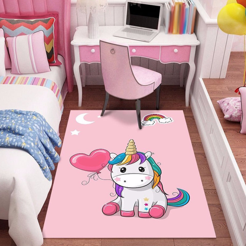 Skorter | Beautiful Cartoon Character Pattern Rug Pink and Green Kids Rug Polyester Pet Friendly Washable Non-Slip Back Area Rug for the Children's Room