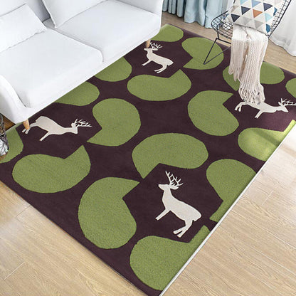 Skorter | Children's Animal Pattern Rug Green Multicolor Polyester Rug Washable Pet-Friendly Non-Slip Rug for the Children's Room