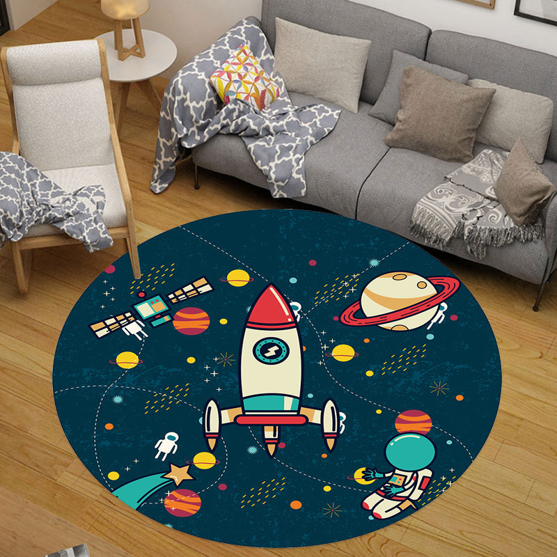 Skorter | Children Space Pattern Carpet Black and Blue Polyester Carpet Washable Pet-Friendly Non-Slip Rug for Children's Room