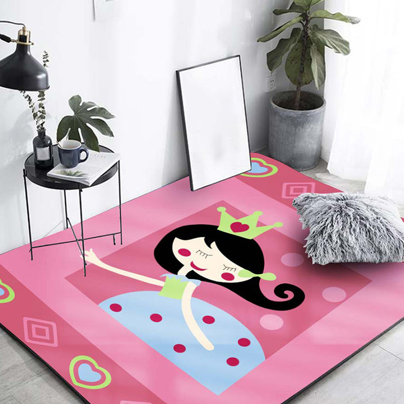 Skorter | Cute Cartoon Character Pattern Rug Pink Kids Rug Polyester Washable Pet Friendly Non-Slip Rug for the Nursery