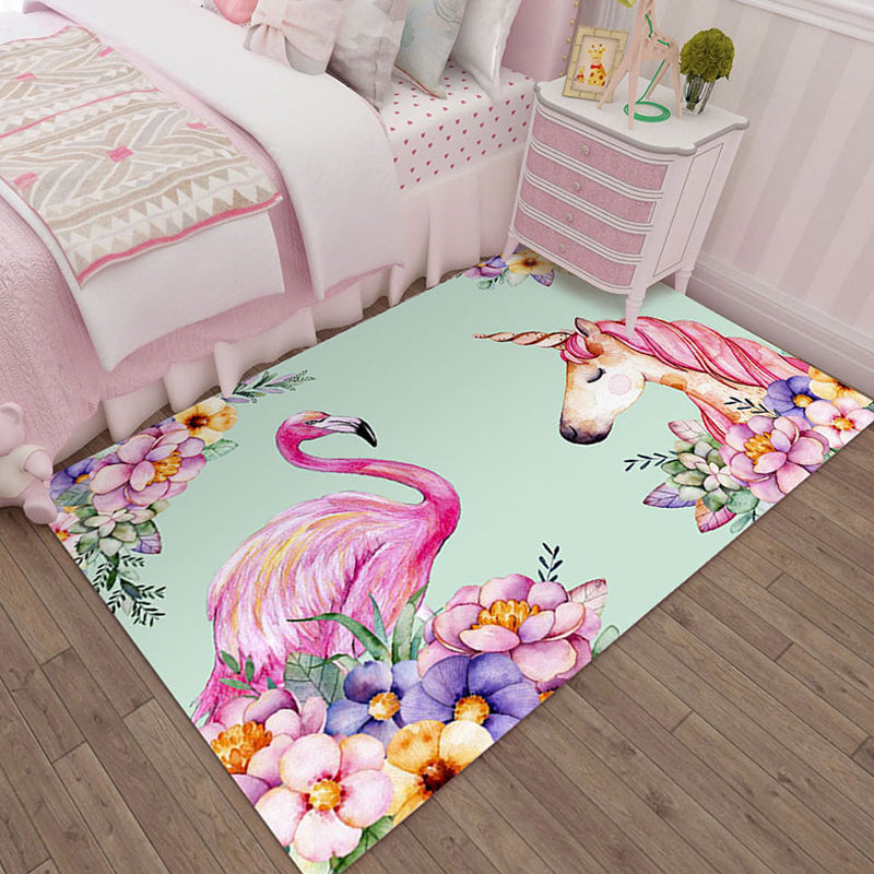 Skorter | Colorful Cartoon Animal Pattern Area Rug Pink and Blue Children Rug Polyester Pet-Friendly Washable Non-Slip Back Area Rug for Daycare