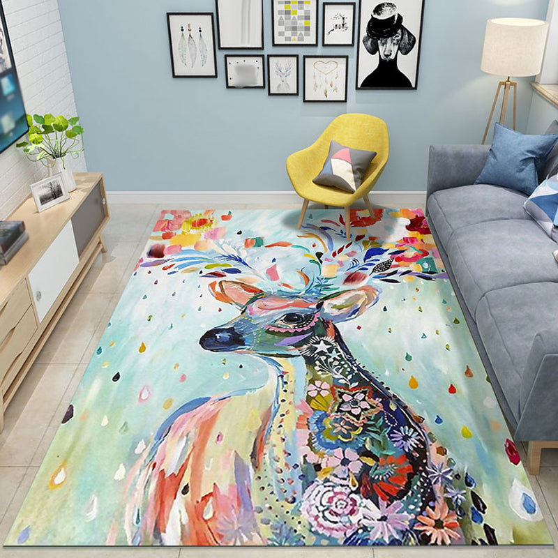 Skorter | Colorful Cartoon Animal Pattern Area Rug Pink and Blue Children Rug Polyester Pet-Friendly Washable Non-Slip Back Area Rug for Daycare